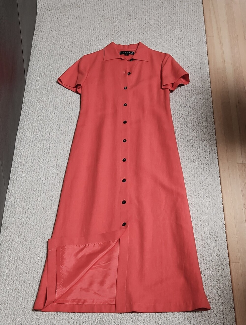 Selina Canada Vintage Coral Red Short Sleeve Maxi Shirt Dress Linen Blend Size 4